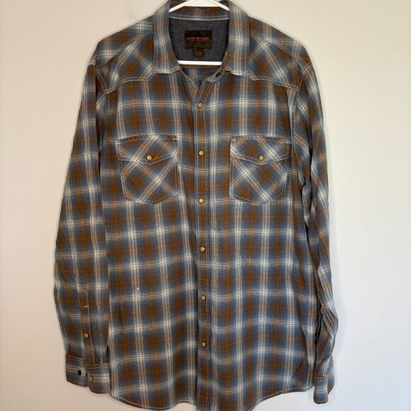 NORTHWEST TERRITORY Pearl Snap Men's XLT Western Blue Brown Plaid Flap Pockets - Picture 1 of 9
